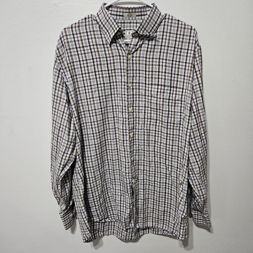Peter Millar Button Down Dress Shirt Mens Sz Lrg Brown Purple Plaid Long Sleeve